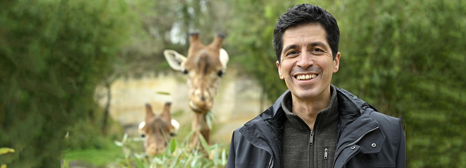 Portrait de François Gay devant des girafes