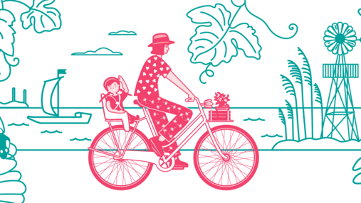 Dessin d'une femme à vélo avec son enfant sur les bords de Loire